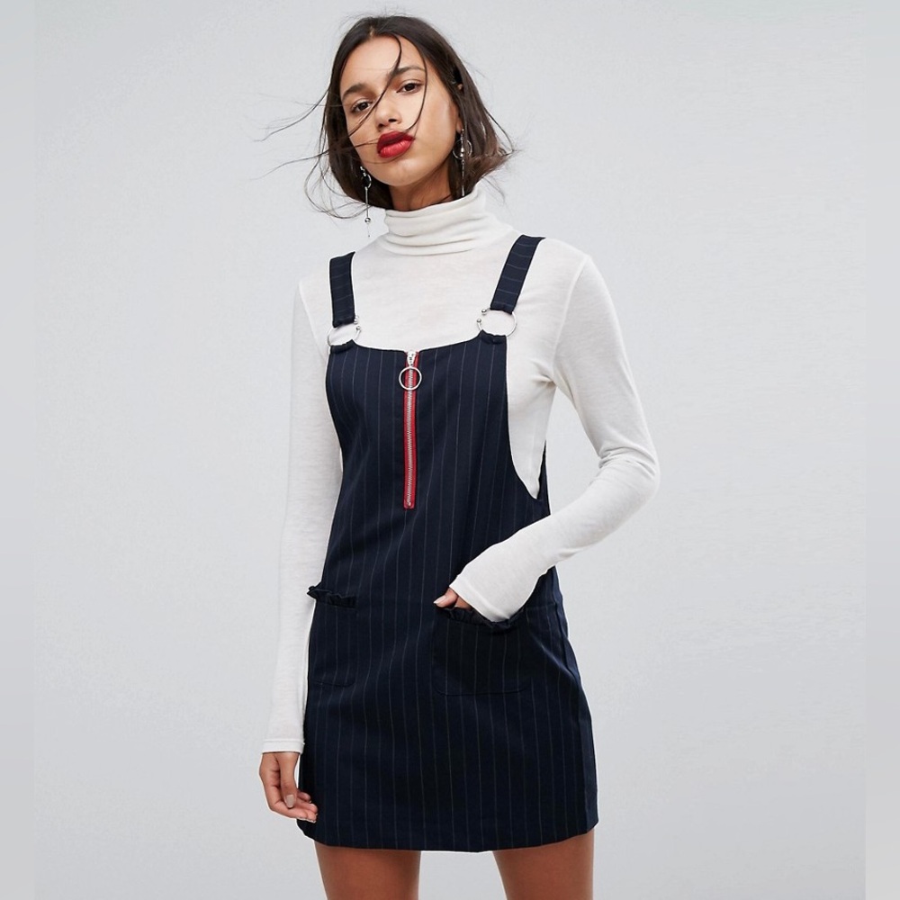 Mango Pinstripe Pinafore Mini Dress